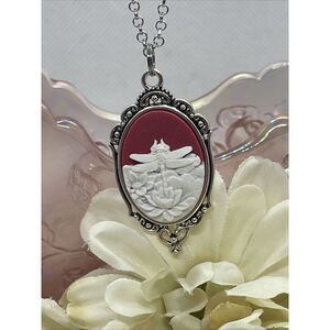 Cameo Necklace Silver Heart Dragonfly Red Easter Wedding Jewelry Spring Prom New